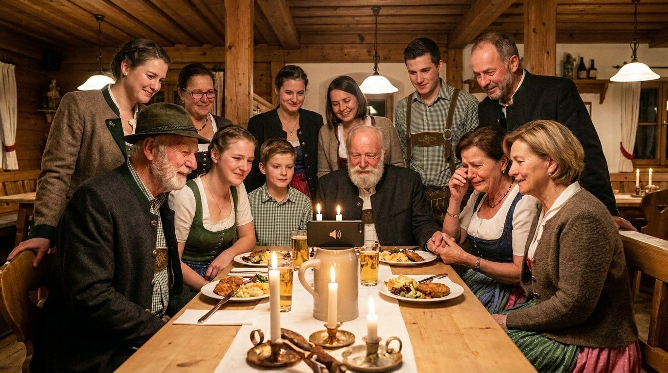 Familie hört gemeinsam das Lied beim Festessen