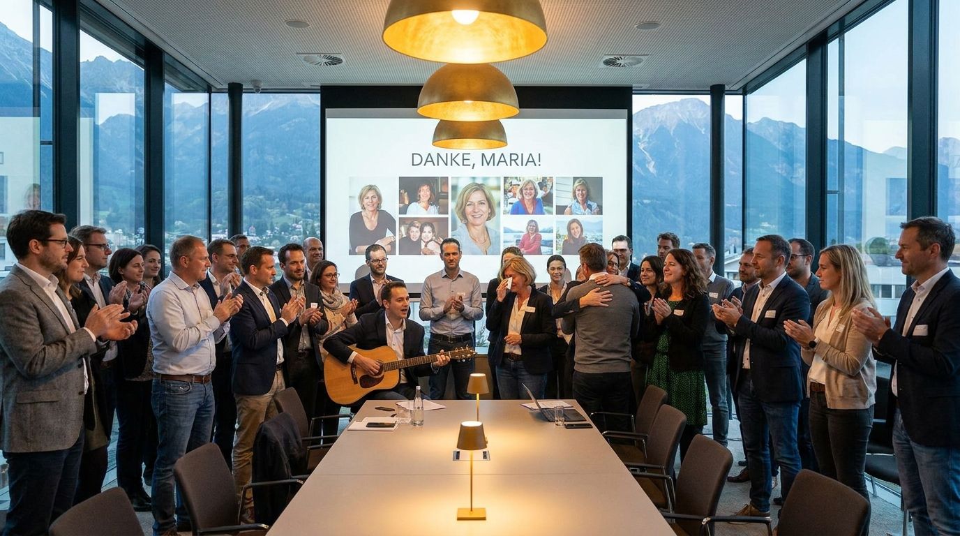 Foto-Slideshow mit Abschiedslied im Konferenzraum