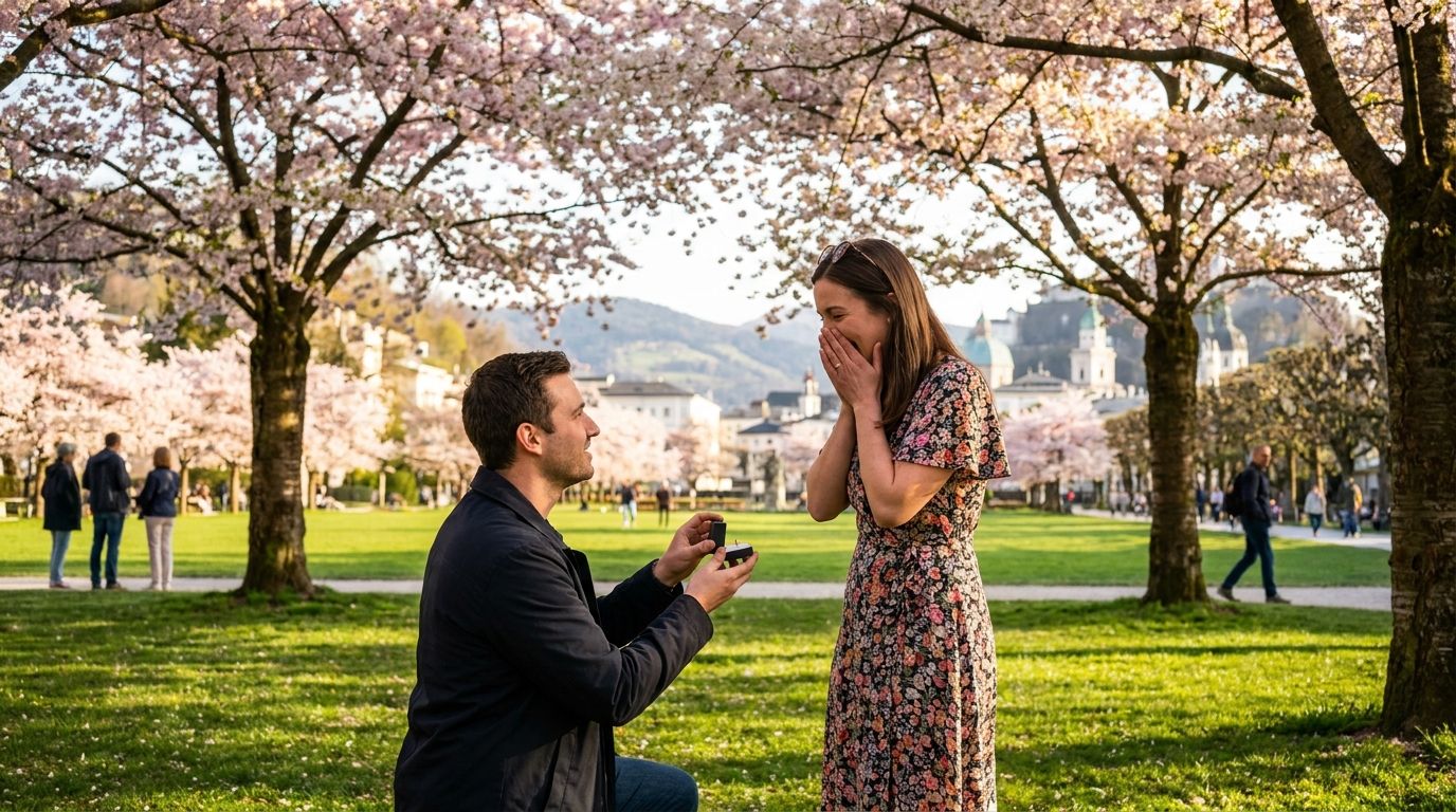 Romantischer Heiratsantrag im Frühling mit persönlichem Lied