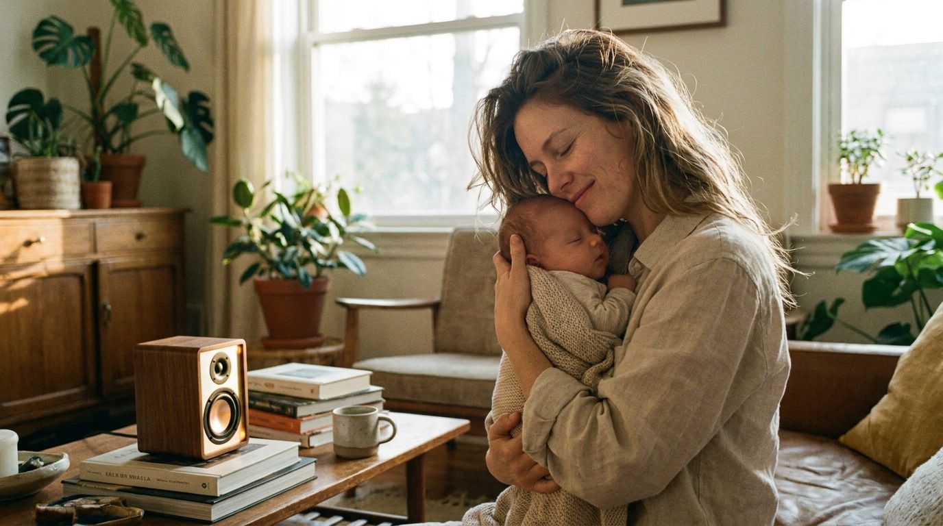 Mutter hält Baby im Arm während Lied im Hintergrund läuft