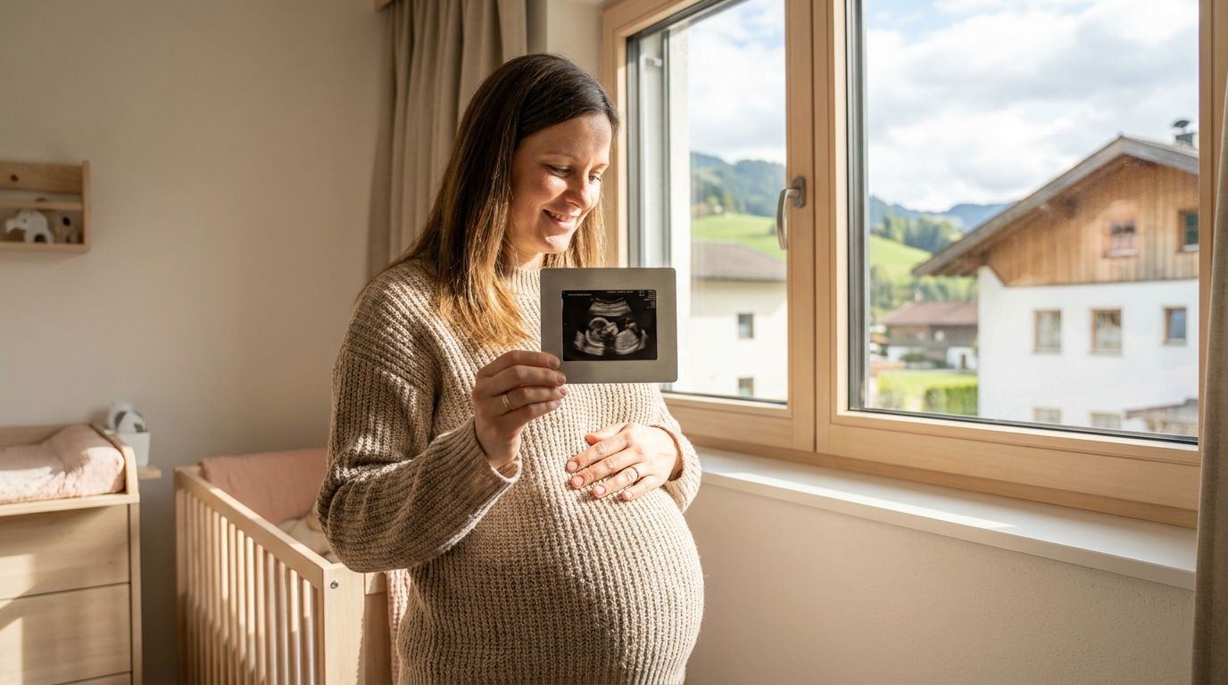 Schwangere Frau hält Foto-Magnet mit Babylied