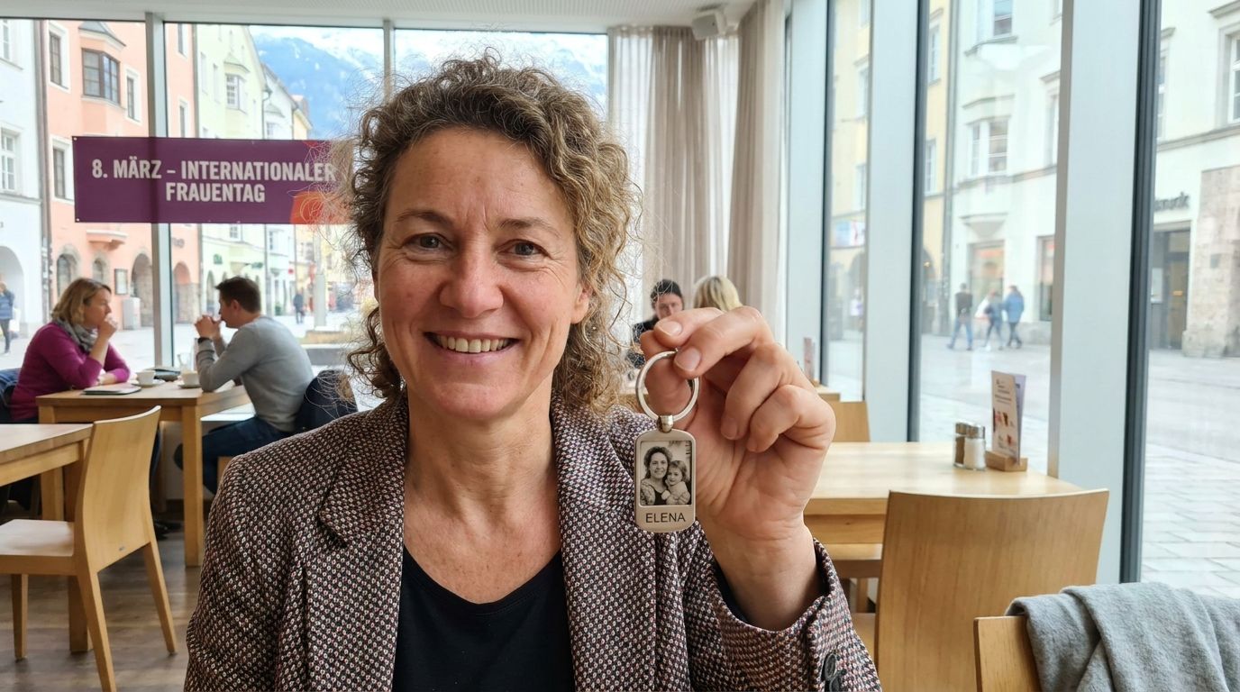 Frau hält Schlüsselanhänger mit Foto in der Hand